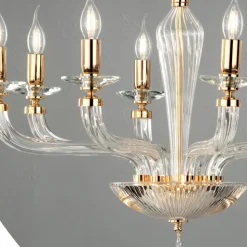 Lampadario Classico 8 Luci Vetro Fatto a Mano Rigaton e Metallo - Fievole