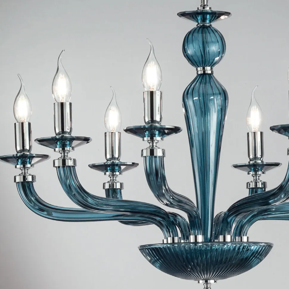 Lampadario Classico 8 Luci Vetro Fatto a Mano Rigaton e Metallo - Fievole