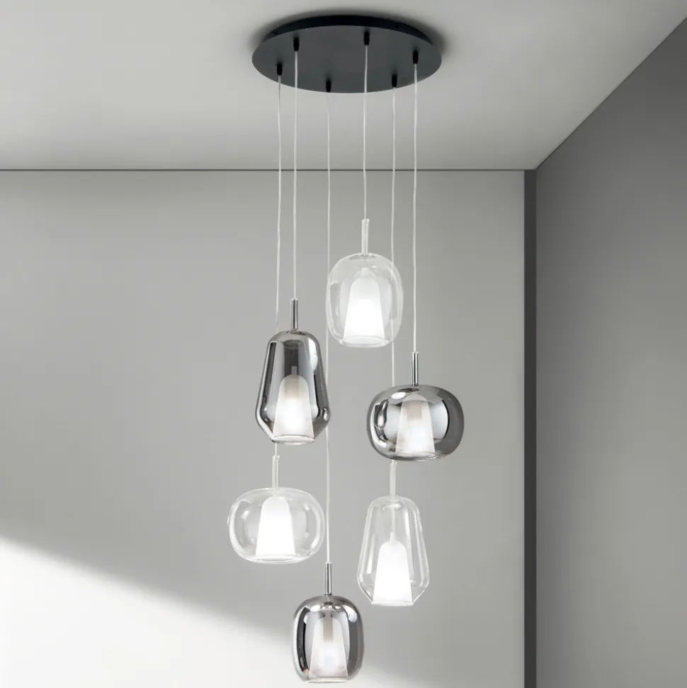 Lampadario con 6 Diffusori in Vetro Fumè e Trasparente Made in Italy - Trilly