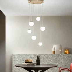 Lampadario con 6 LED Coperti da Vetro Opzionale e Base in Metallo - Faggio