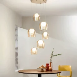 Lampadario con 6 LED Coperti da Vetro Opzionale e Base in Metallo - Faggio
