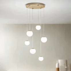 Lampadario con 6 LED Coperti da Vetro Opzionale e Base in Metallo - Faggio
