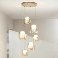 Lampadario con 6 LED Coperti da Vetro Opzionale e Base in Metallo - Faggio