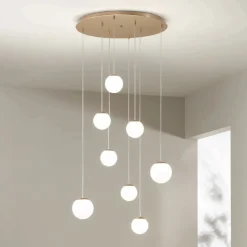 Lampadario con 8 LED Coperti da Vetro Colorato Opzionale e Base in Metallo - Faggio