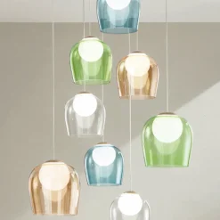 Lampadario con 8 LED Coperti da Vetro Colorato Opzionale e Base in Metallo - Faggio