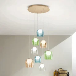 Lampadario con 8 LED Coperti da Vetro Colorato Opzionale e Base in Metallo - Faggio