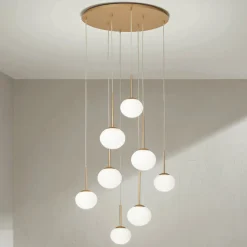 Lampadario con 8 LED in Metallo Verniciato Color Oro e Vetro Soffiato - Ailanto