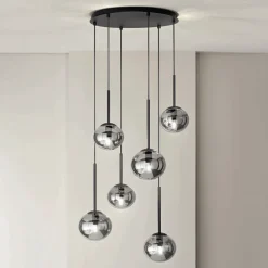 Lampadario con 6 LED in Metallo Verniciato Color Nero e Vetro Soffiato - Ailanto