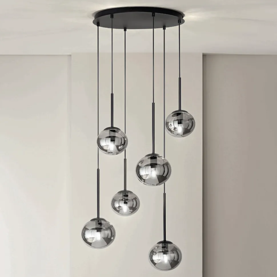 Lampadario con 6 LED in Metallo Verniciato Color Nero e Vetro Soffiato - Ailanto
