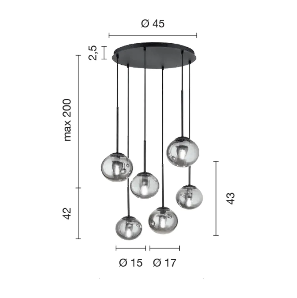 Lampadario con 6 LED in Metallo Verniciato Color Nero e Vetro Soffiato - Ailanto