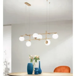 Lampadario con LED in Metallo Verniciato Color Oro e Vetro Soffiato - Ailanto