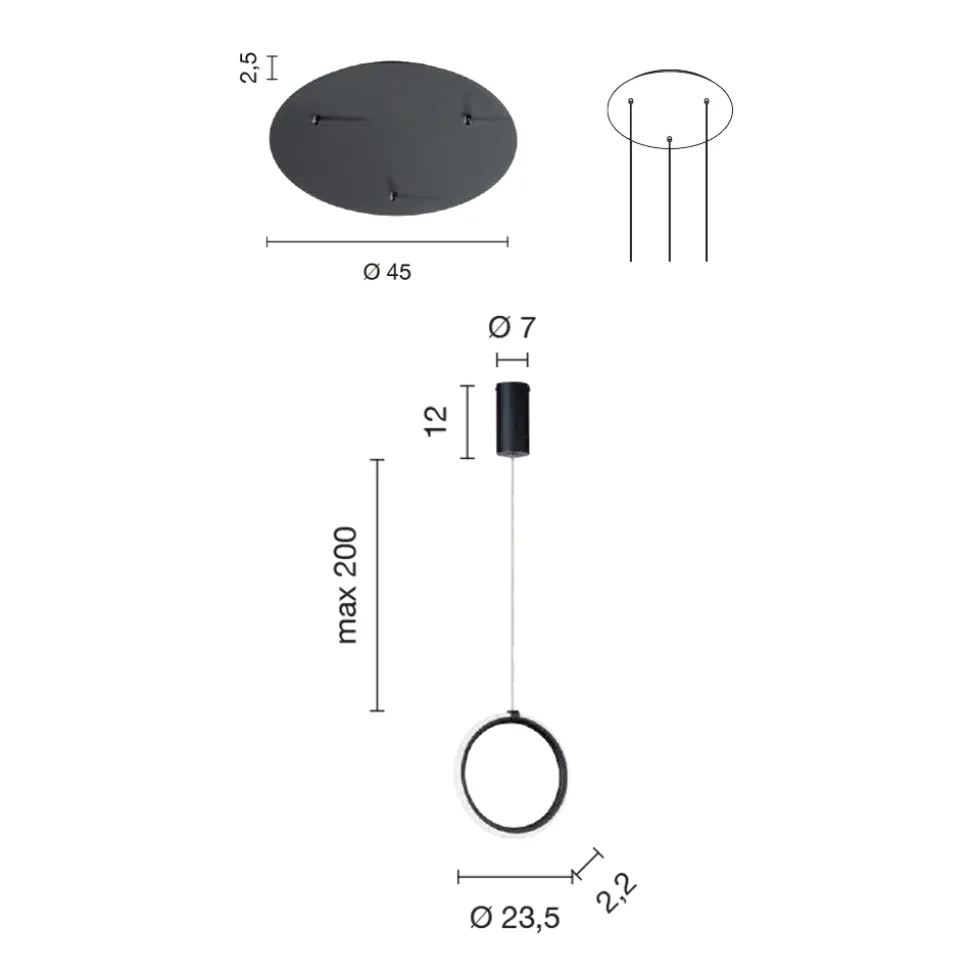 Lampadario con 3 Luci LED in Metallo Verniciato e Vetro Opzionale - Cedro
