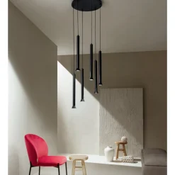Lampadario con Montatura Metallica Verniciata Nero e Cavi Regolabili - Betulla