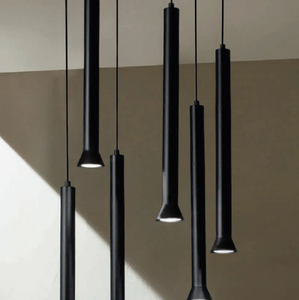 Lampadario con Montatura Metallica Verniciata Nero e Cavi Regolabili - Betulla