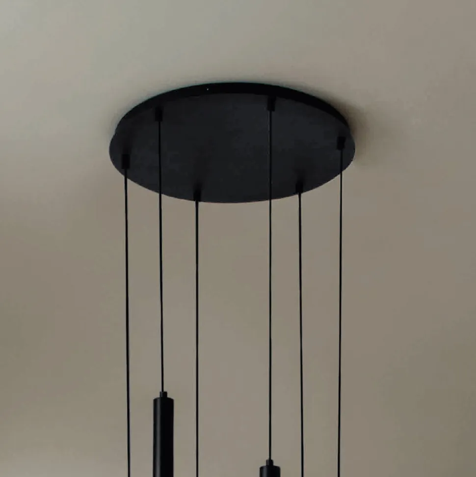 Lampadario con Montatura Metallica Verniciata Nero e Cavi Regolabili - Betulla