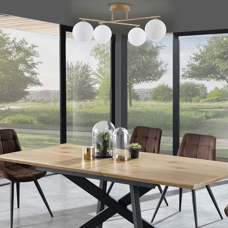 Lampadario in Metallo Oro Metallizzato e 4 Sfere in Vetro Bianco - Venezia