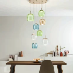 Lampadario in Metallo Verniciato Color Oro e Luce LED e Vetro Colorato - Carpino