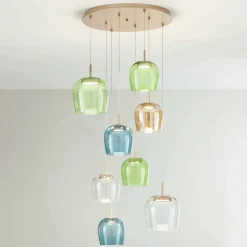 Lampadario in Metallo Verniciato Color Oro e Luce LED e Vetro Colorato - Carpino