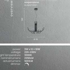 Lampadario LED 13 Luci in Metallo Verniciato Bianco, Nero o Oro  - Scorpio