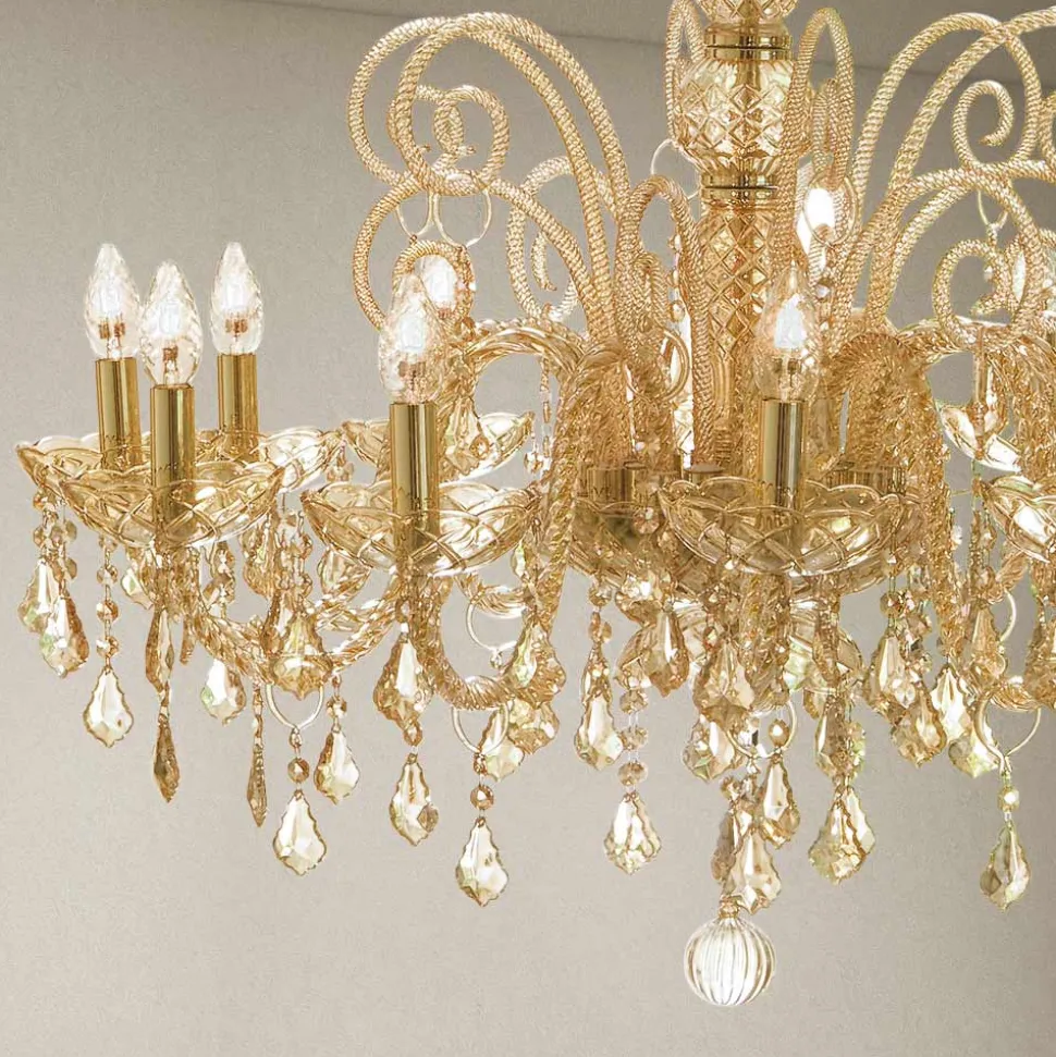 Lampadario 12 Luci Artigianale in Vetro di Venezia e Metallo - Fiorentino