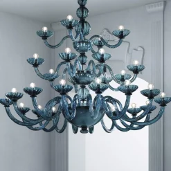 Lampadario 28 Luci Artigianale in Vetro Veneziano Blu e Metallo - Foscarino