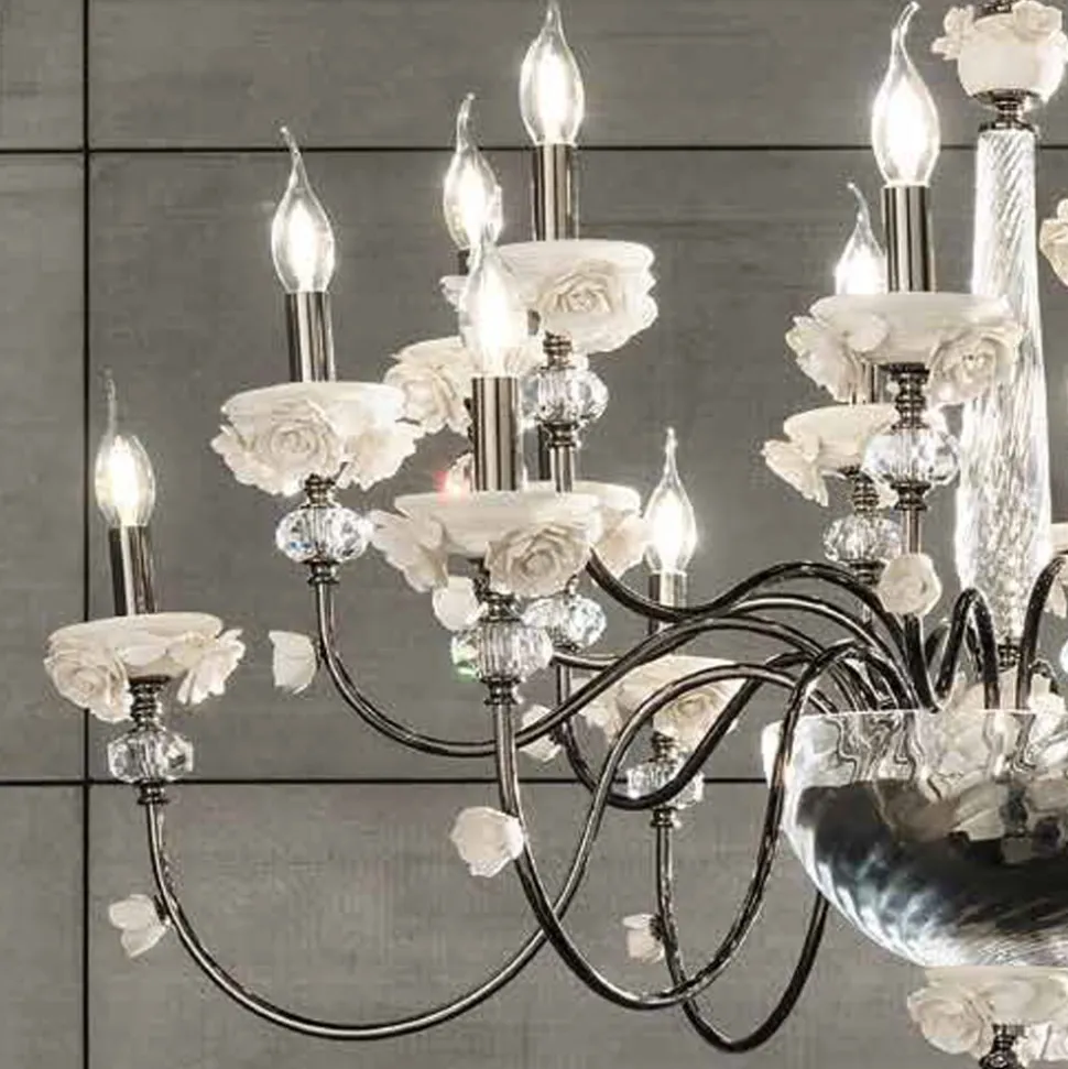 Lampadario 30 Luci Classico in Porcellana e Vetro Soffiato Lusso - Eteria