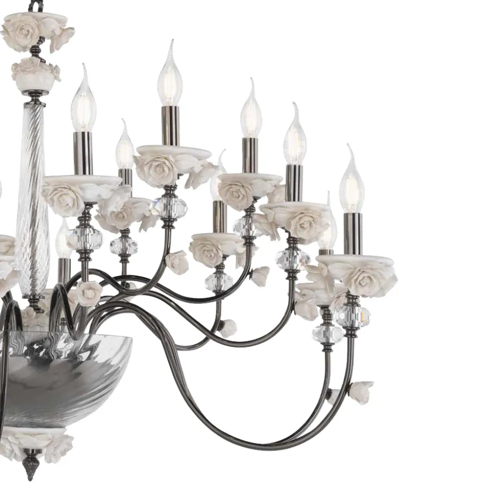 Lampadario 30 Luci Classico in Porcellana e Vetro Soffiato Lusso - Eteria