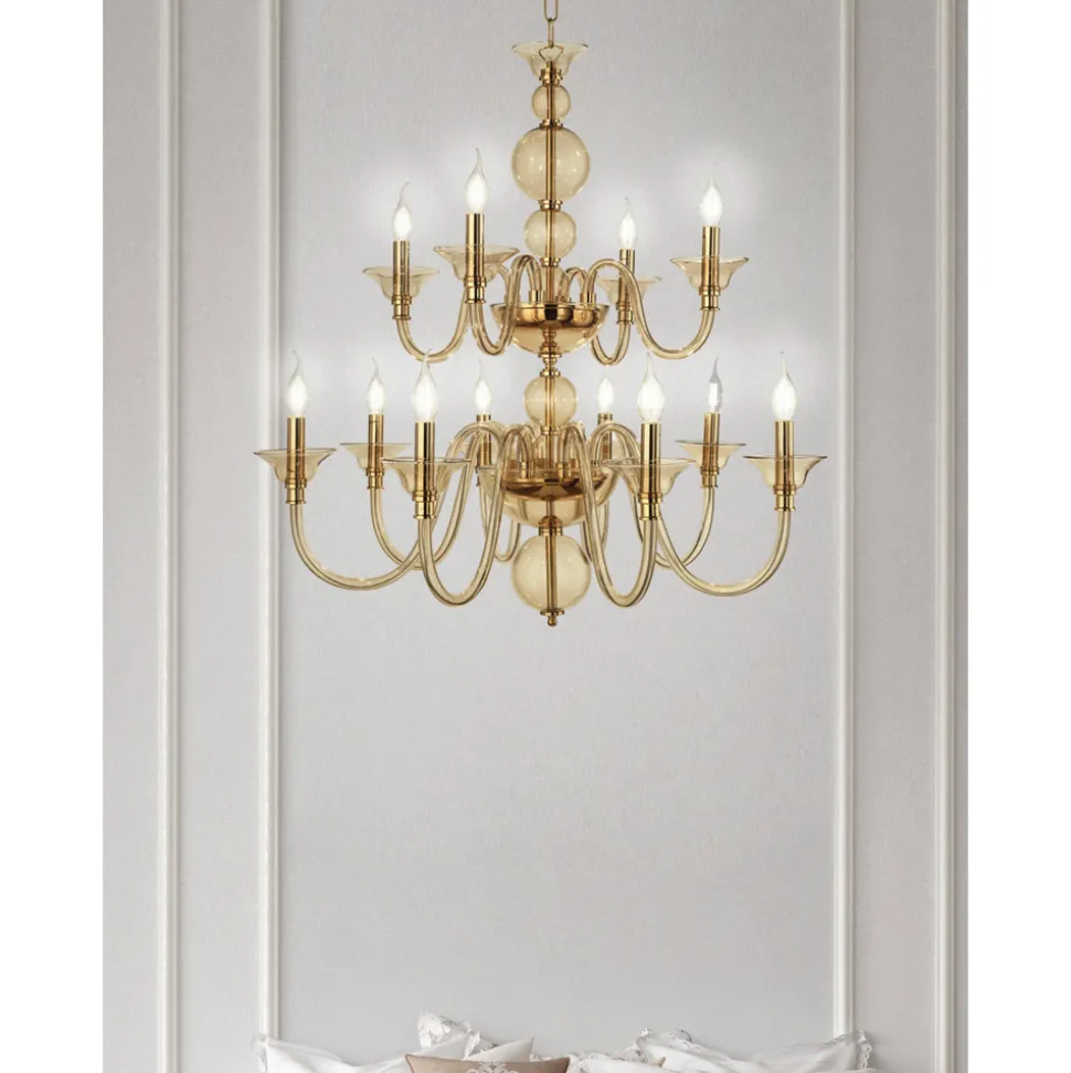 Lampadario 12 Luci Classico in Vetro a Mano Italiano e Metallo - Memore