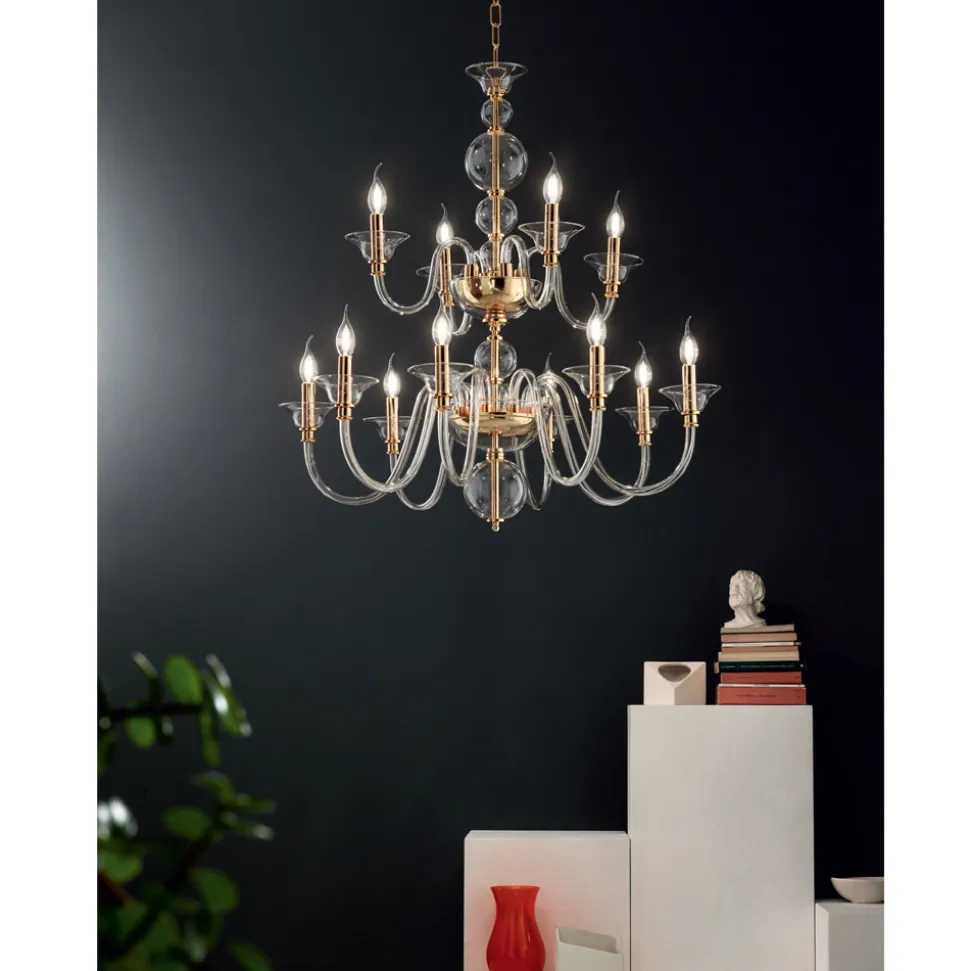 Lampadario 12 Luci Classico in Vetro a Mano Italiano e Metallo - Memore