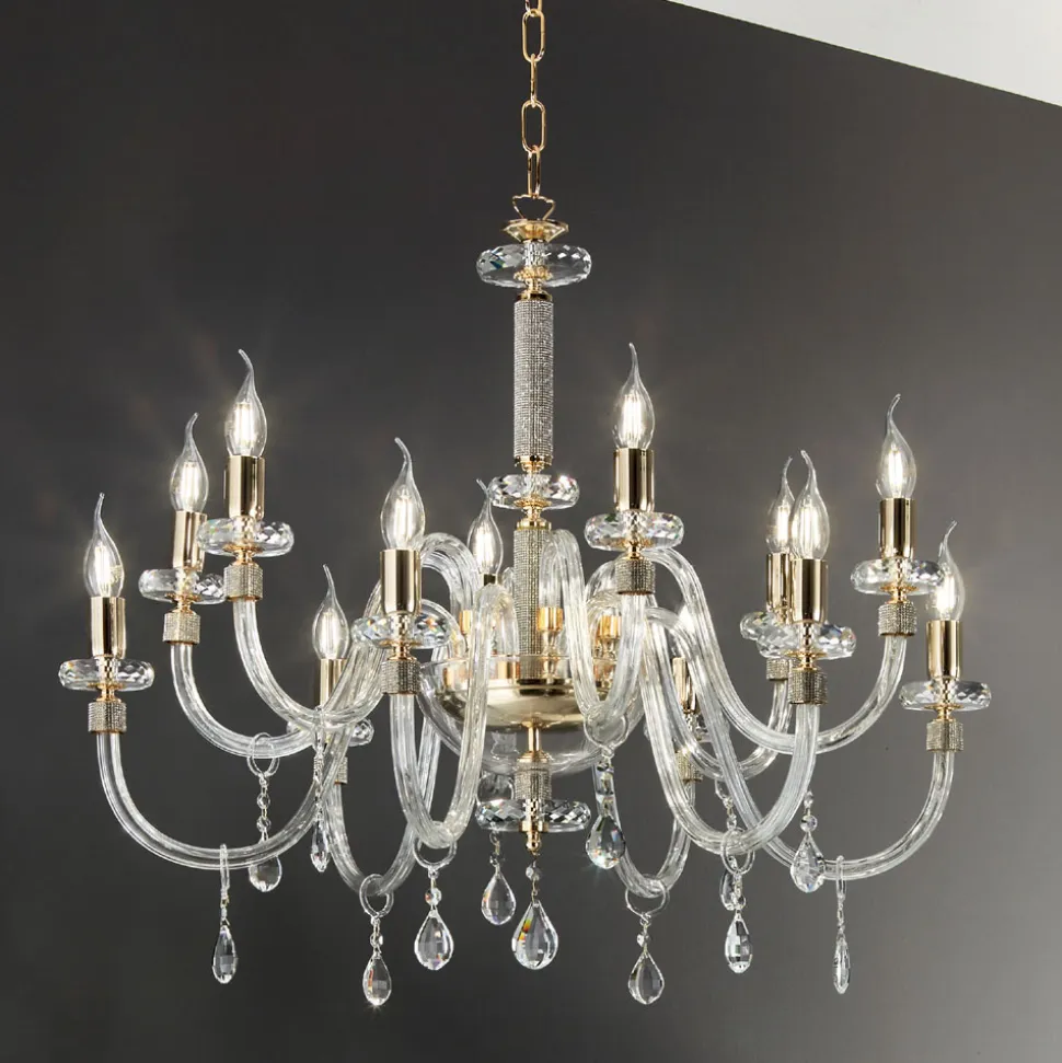 Lampadario 12 Luci Classico in Vetro Italiano Lavorato a Mano - Similo
