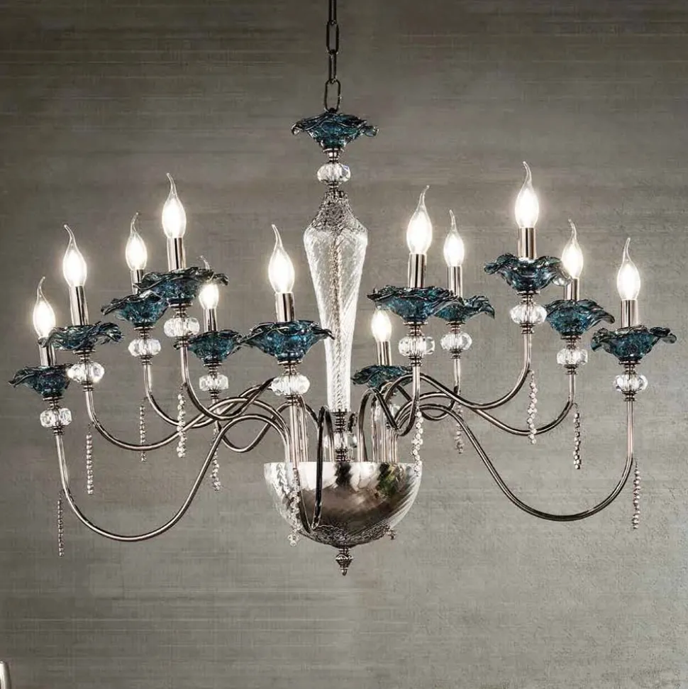 Lampadario 12 Luci Classico in Vetro, Cristallo e Metallo Lusso - Flanders