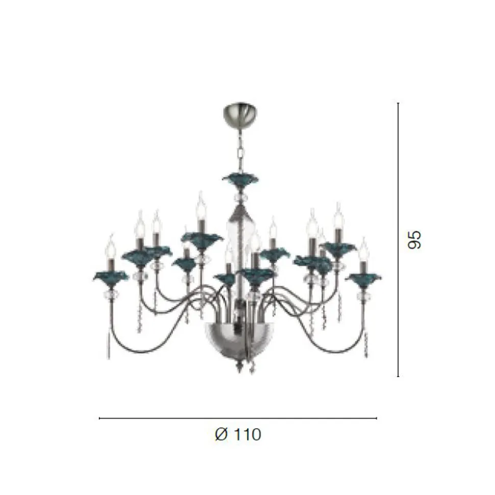 Lampadario 12 Luci Classico in Vetro, Cristallo e Metallo Lusso - Flanders