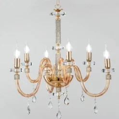 Lampadario 6 Luci Classico Vetro Italiano Lavorato a Mano Ambra - Similo