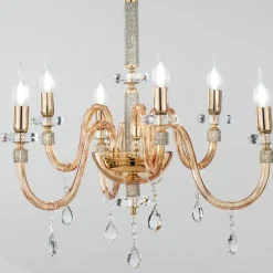 Lampadario 6 Luci Classico Vetro Italiano Lavorato a Mano Ambra - Similo
