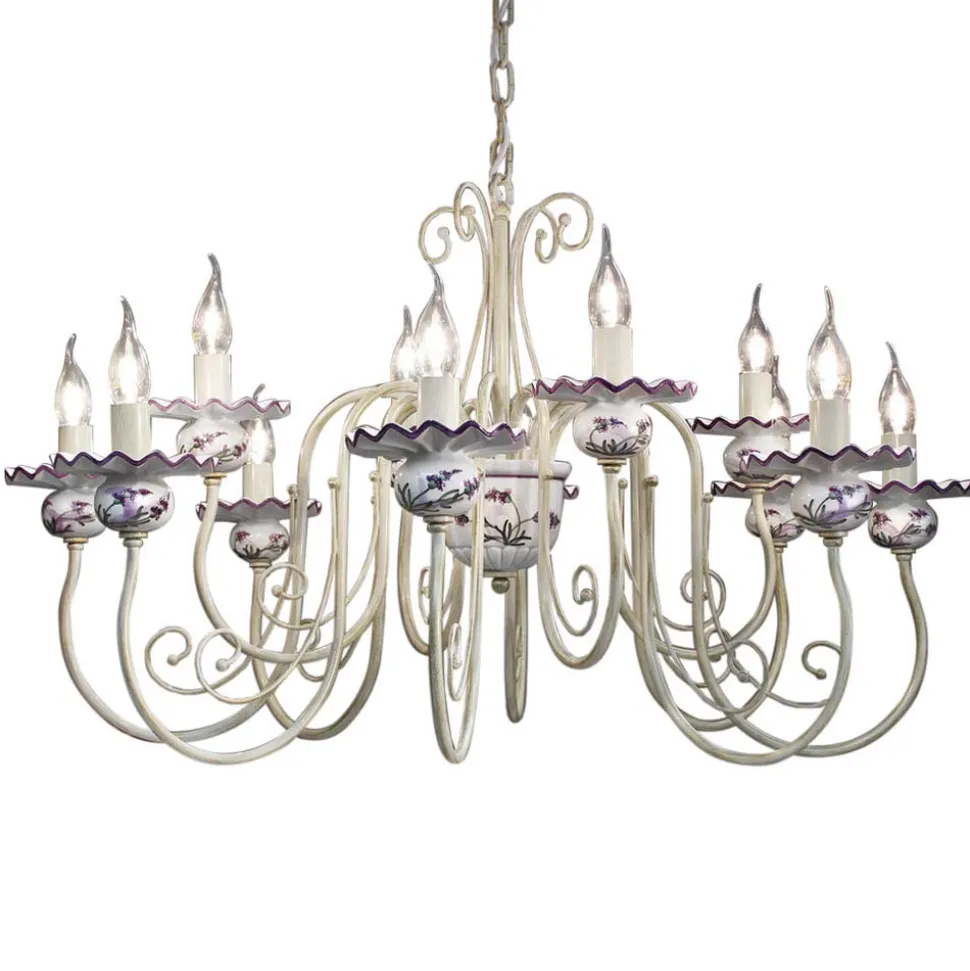 Lampadario 12 Luci in Ceramica Decoro a Mano e Ottone Anticato - Sanremo