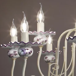 Lampadario 12 Luci in Ceramica Decoro a Mano e Ottone Anticato - Sanremo