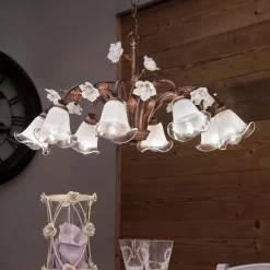 Lampadario 8 Luci in Ferro e Vetro Sabbiato con Rose di Ceramica - Siena