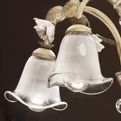 Lampadario 5 Luci in Ferro e Vetro Sabbiato con Rose di Ceramica - Siena