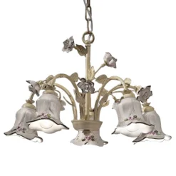 Lampadario 5 Luci in Metallo e Ceramica Decorata a Mano e Rose - Pisa