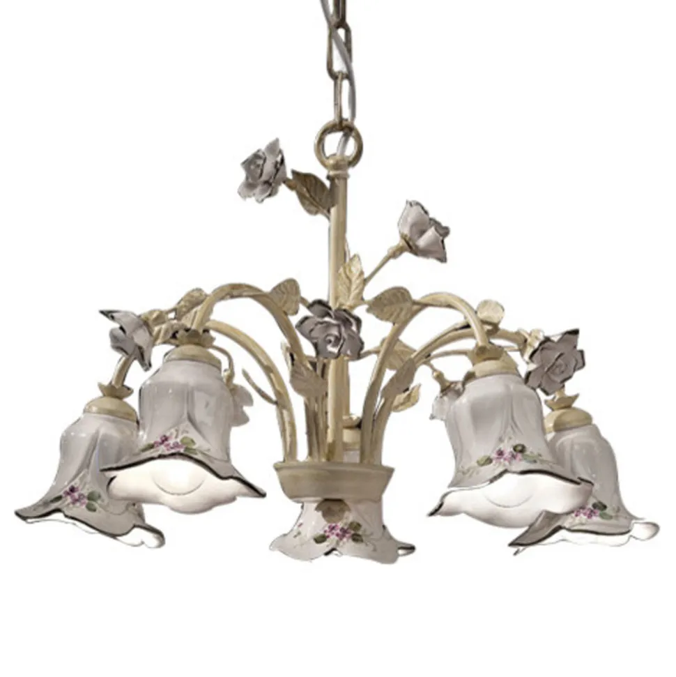 Lampadario 5 Luci in Metallo e Ceramica Decorata a Mano e Rose - Pisa