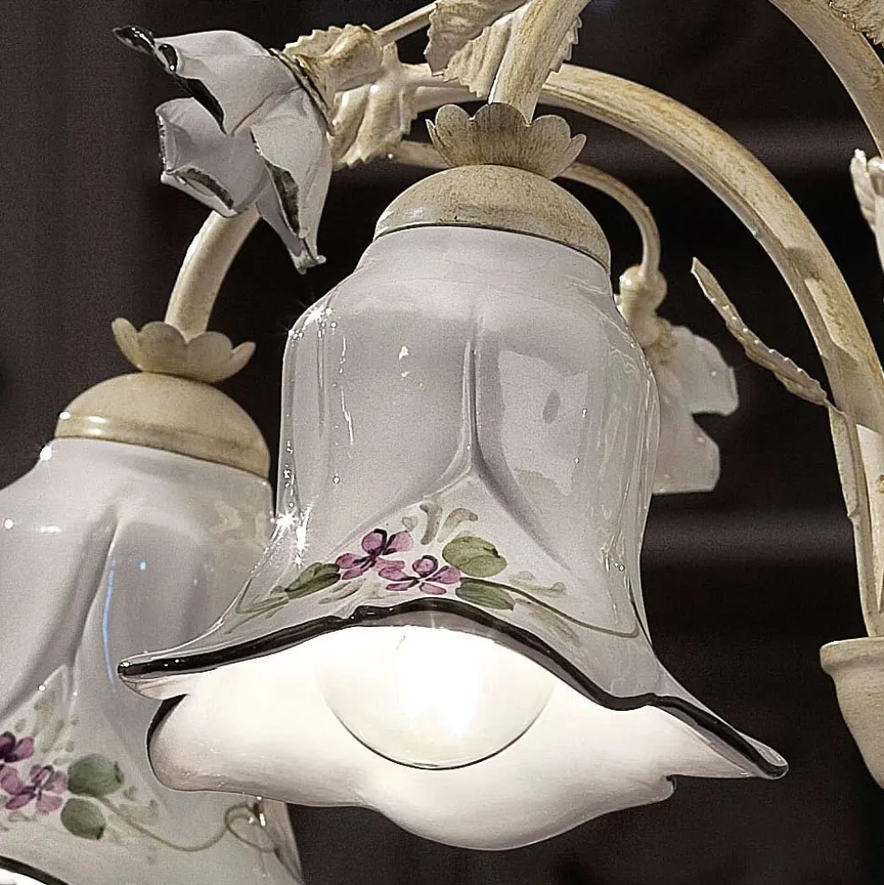 Lampadario 5 Luci in Metallo e Ceramica Decorata a Mano e Rose - Pisa