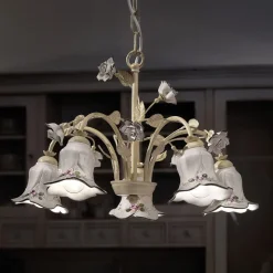 Lampadario 5 Luci in Metallo e Ceramica Decorata a Mano e Rose - Pisa