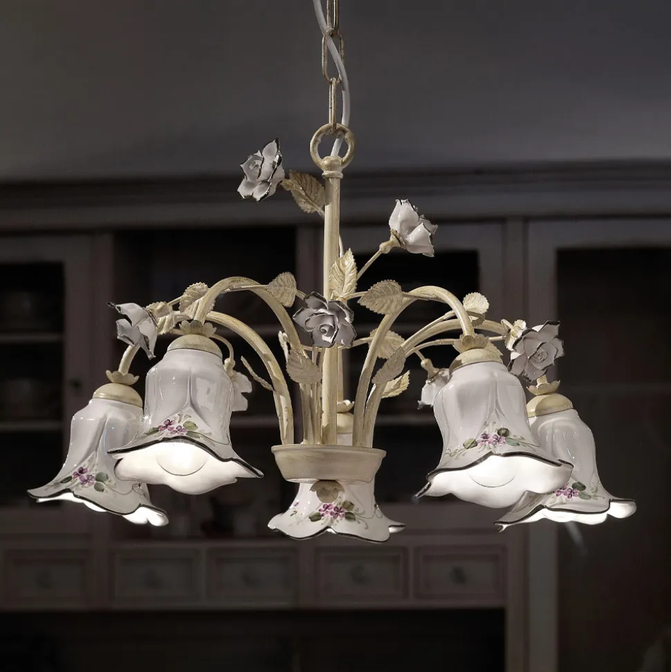 Lampadario 5 Luci in Metallo e Ceramica Decorata a Mano e Rose - Pisa