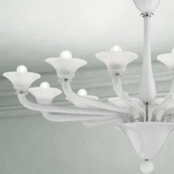 Lampadario 12 Luci in Vetro di Venezia Bianco e Metallo Cromato - Ismail