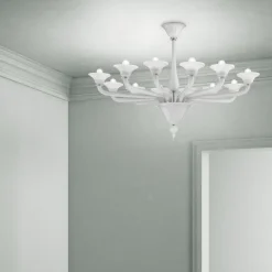 Lampadario 12 Luci in Vetro di Venezia Bianco e Metallo Cromato - Ismail