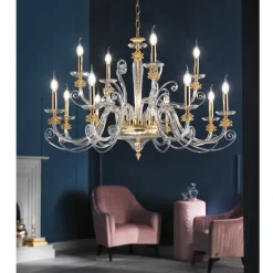 Lampadario 12 Luci in Vetro Soffiato e Cristallo di Lusso Classico - Cassea