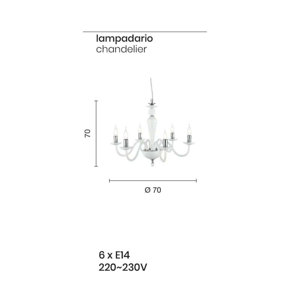 Lampadario Stile Classico 6 Luci in Vetro e Metallo Made in Italy - Oliver