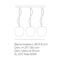 Lampadario su Barra Lineare Tre Lumi in Vetro Veneziano Made in Italy - Elisia