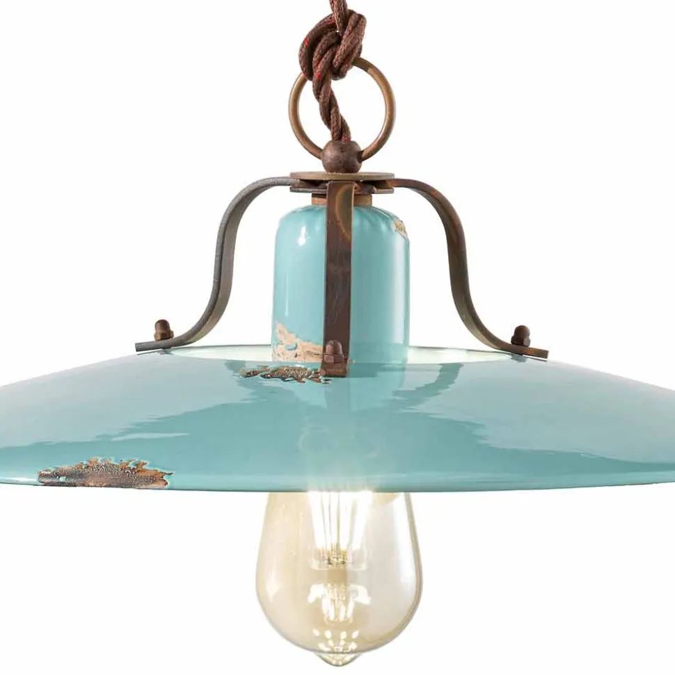 Lampada saliscendi country in metallo e ceramica Evelyn artigianale