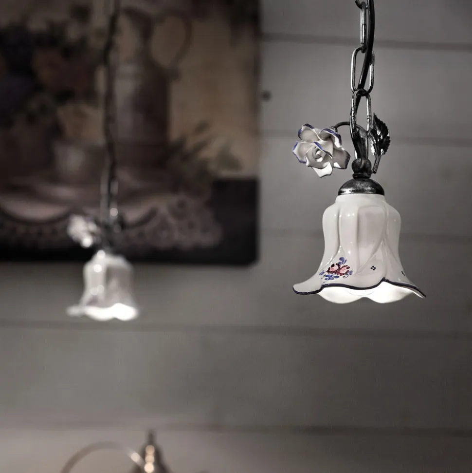 Lampada Sospensione in Metallo e Ceramica Decorata a Mano con Rosa - Pisa